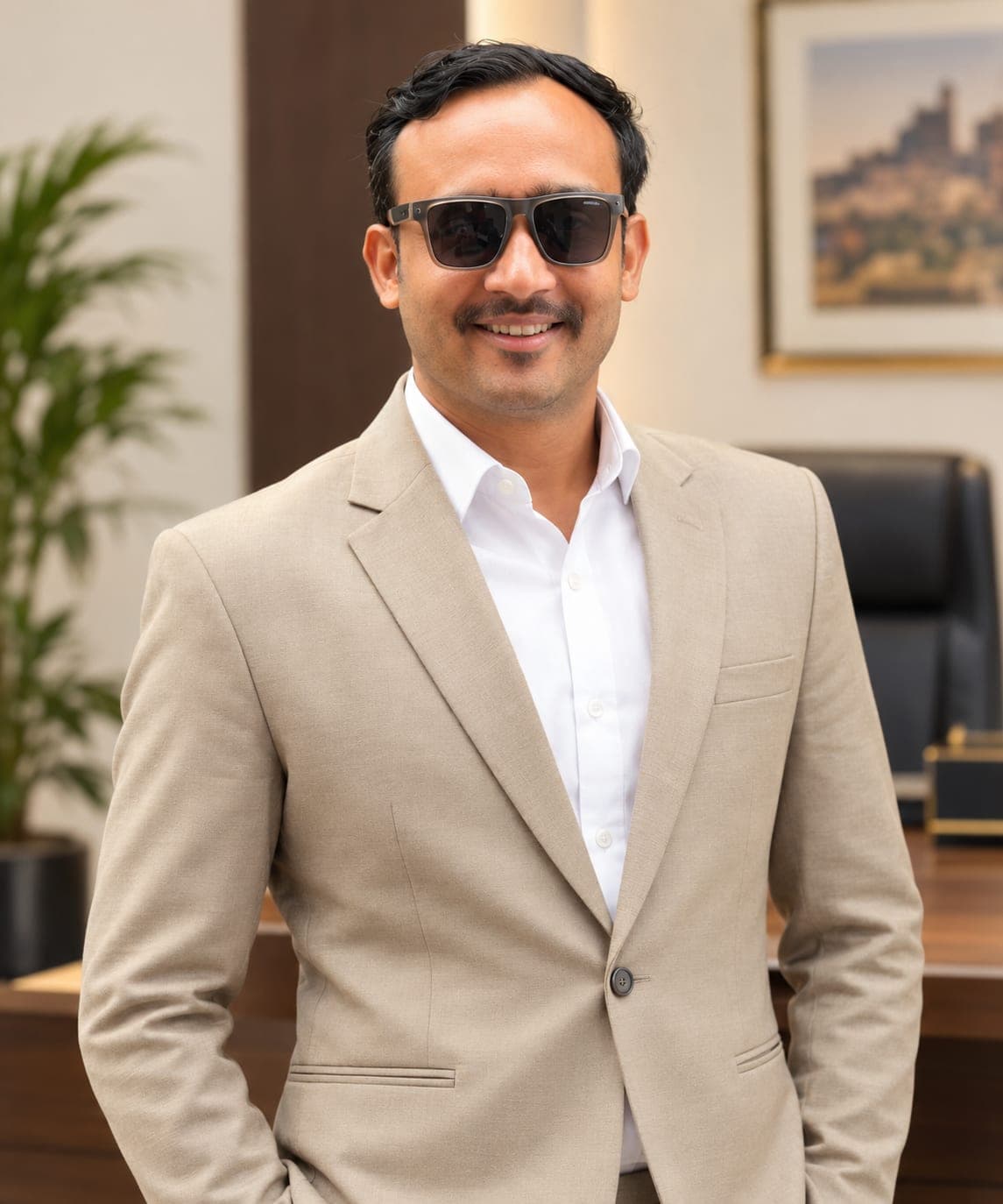 Akshay Mishra in a beige suit and sunglasses, smiling in his office