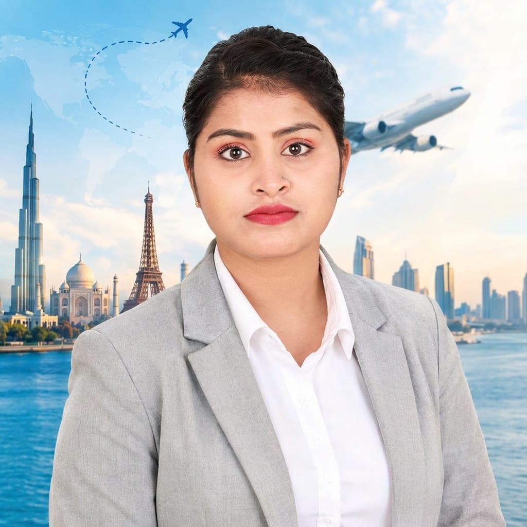Sweta Mishra in a grey blazer, in front of a backdrop of the Burj Khalifa, the Taj Mahal and an aeroplane taking off
